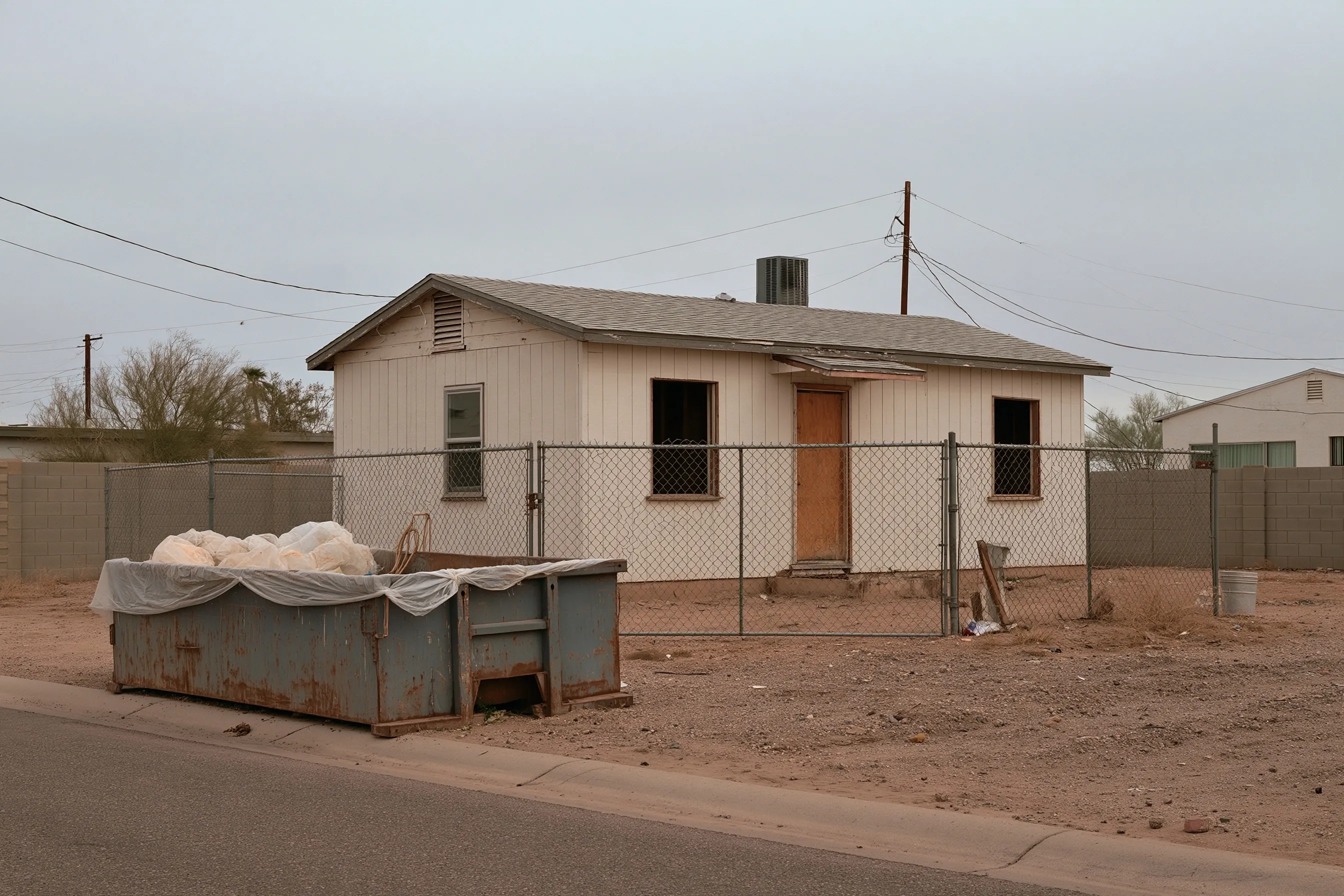 Older house prepared for demolition with fencing and containment, no workers